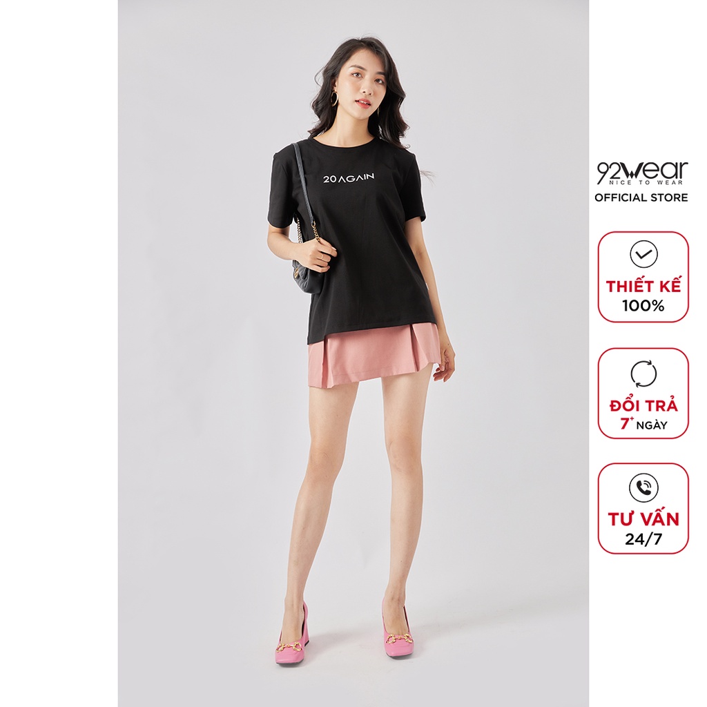 Áo thun nữ cotton co giãn 92WEAR form rộng ngắn tay cổ tròn in chữ ATA2068