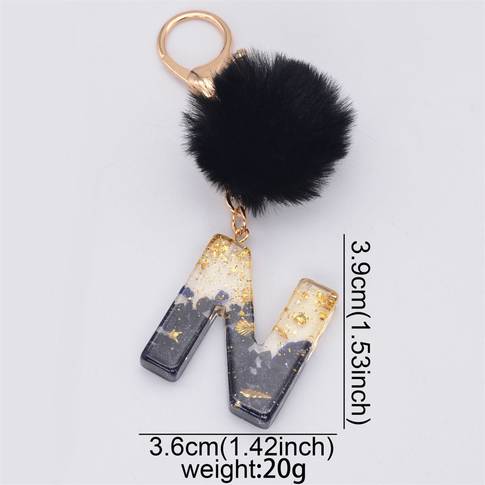 Móc Khóa Cục Bông Màu Đen In Chữ Cái Từ A-Z