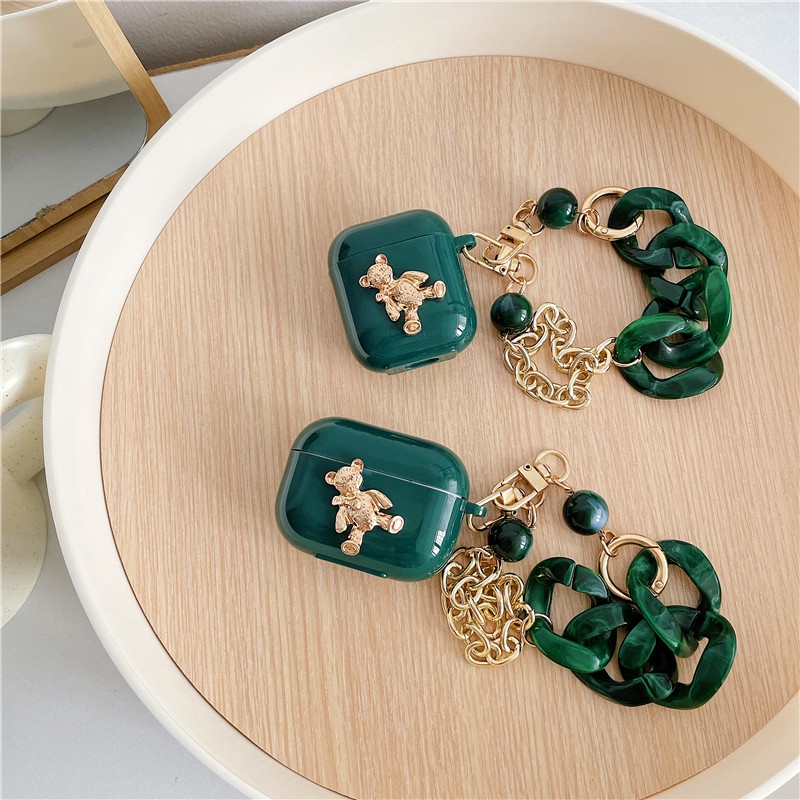 Vỏ Bảo Vệ Hộp Sạc Tai Nghe bluetooth Airpods 1/2 / Pro Họa Tiết Vòng Tay Màu Ngọc Lục Bảo