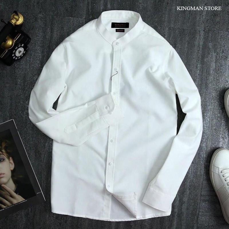 Áo Sơ Mi Nam Cổ Tàu Dài Tay Hàng VNXK Cao Cấp, Áo Sơ Mi Nam Trắng Đen Côt Trụ Lụa Co Dãn Nhẹ Thấm Hút Mồ Hôi Không Nhăn