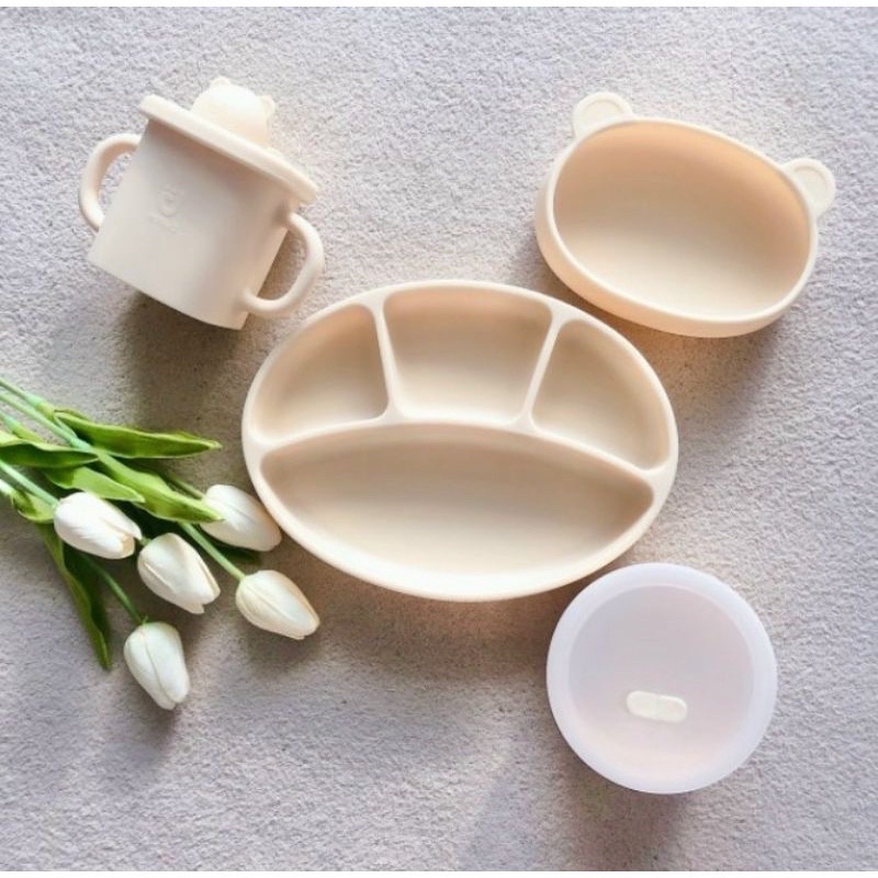 Khay ăn/Bát đế hít/Đĩa gấu/Cốc gấu /Bộ thìa dĩa/ Thìa ăn silicon Bluemama/ Modui Hàn Quốc cho bé
