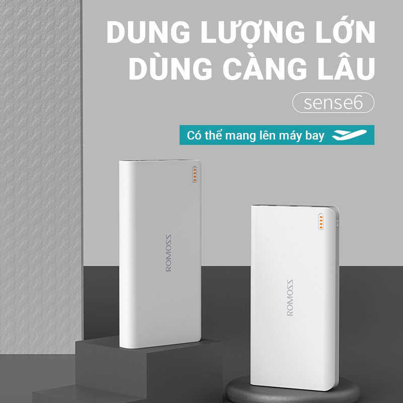 Pin sạc dự phòng 20000mAh Romoss Sense 6 hỗ trợ sạc nhanh tốc độ 2.1A, 1 cổng sạc vào, 2 cổng sạc ra, dung lượng pin lớn