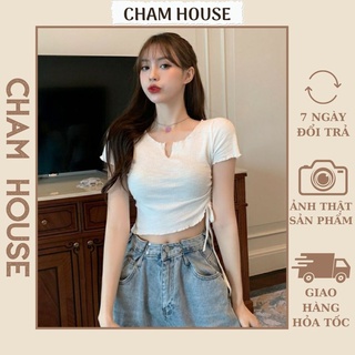 Áo thun Croptop nữ cổ V dây rút eo chất thun gân mềm mại ôm body