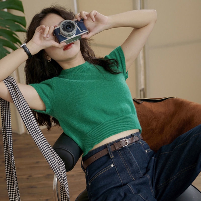 Áo Thun Dệt Kim Tay Ngắn Màu Xanh Lá Phong Cách retro Thời Trang Hàn Quốc