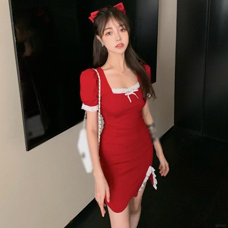 Đầm Tay Ngắn Phối Ren Thiết Kế Ôm Sát Tôn Dáng Thời Trang Theo Phong Cách Hàn Quốc