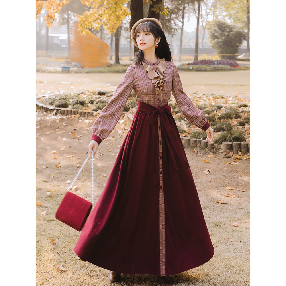 ❂♝✢Bộ sưu tập Pháp niche eo cổ chữ v đỏ đầm len lọ Sen style siêu tiên gió nhẹ nhàng váy dài thu đông ་
