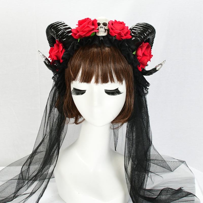 Băng Đô Cài Tóc Hình Sừng Đầu Lâu Phối Mạng Che Mặt Hóa Trang Halloween