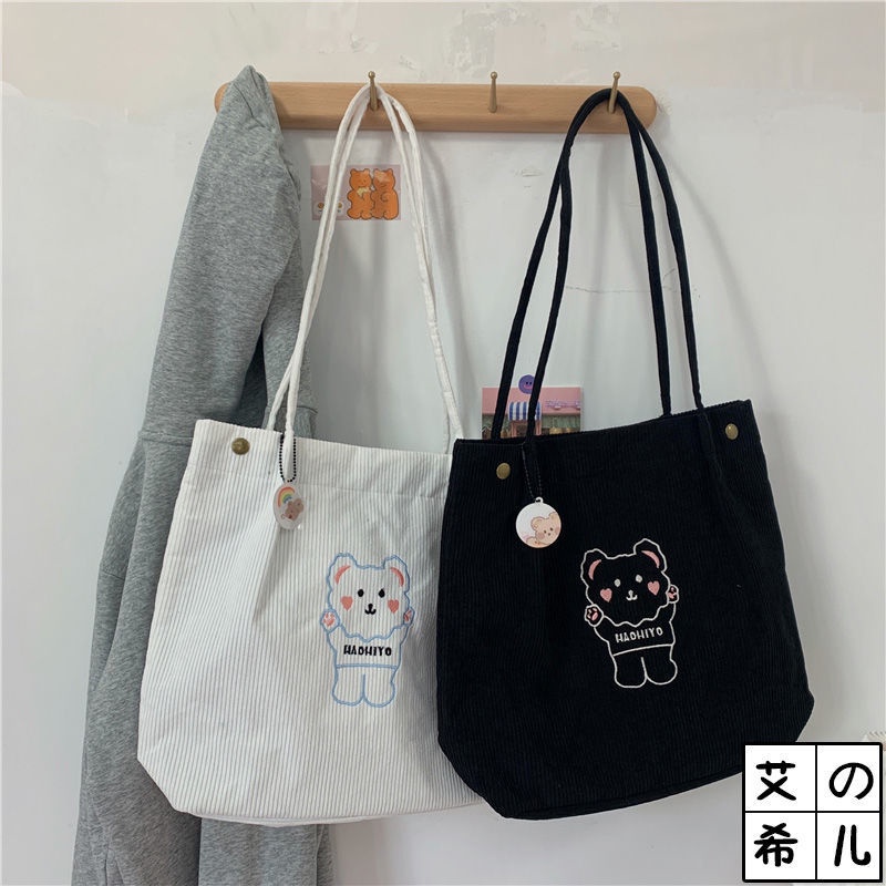 Túi Xách Tote Vải Nhung Cỡ Lớn In Họa Tiết Hoạt Hình Phong Cách Nhật Hàn Cho Nữ