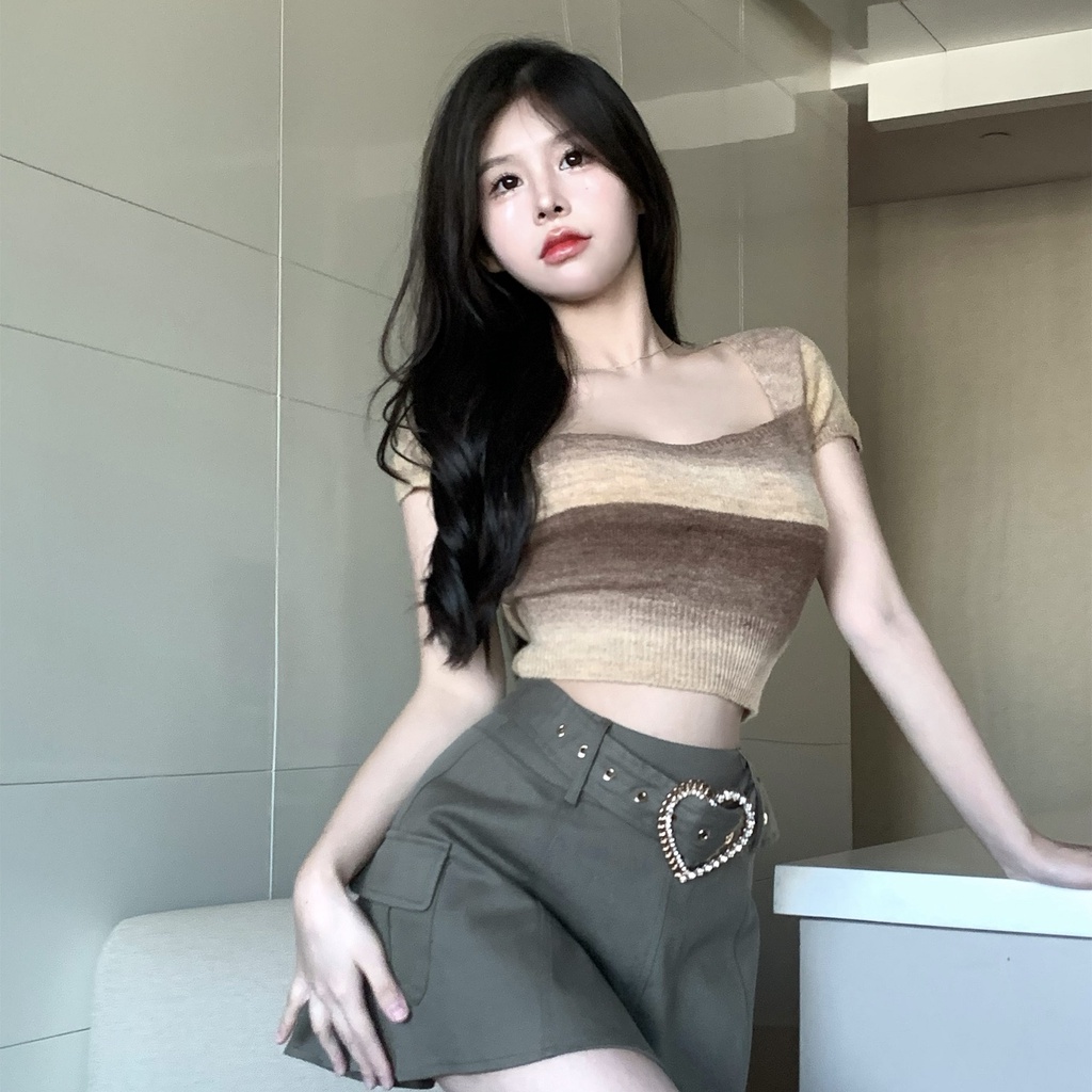 Porozi  Áo thun  ngắn tay cổ vuông họa tiết kẻ sọc thời trang Hàn Quốc cho nữ