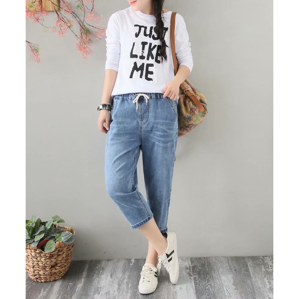 Quần Baggy jean Nữ Lưng Thun size đại lửng 7 tất vải co giãn