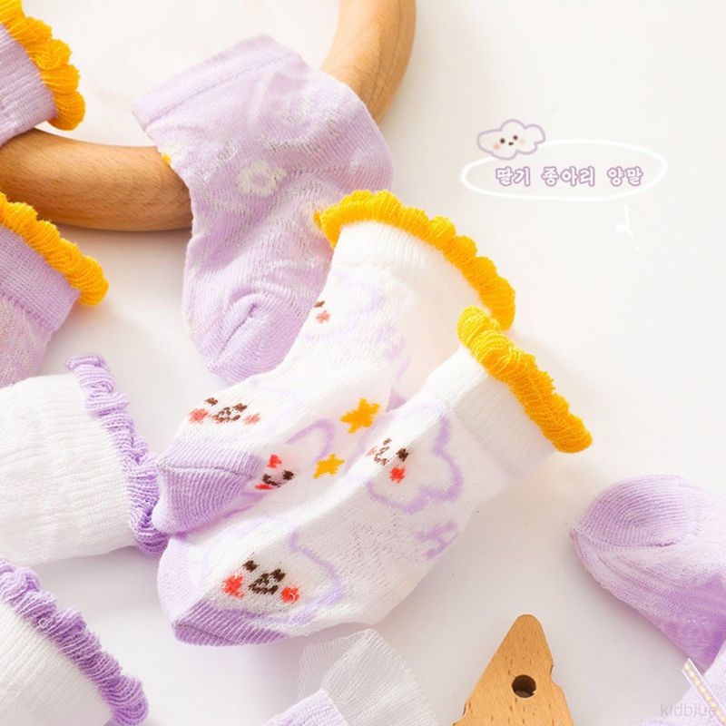Bộ 5 Đôi Vớ Cotton Mỏng Phối Ren In Hoa Hoạt Hình Thời Trang Xuân Thu Cho Bé Gái