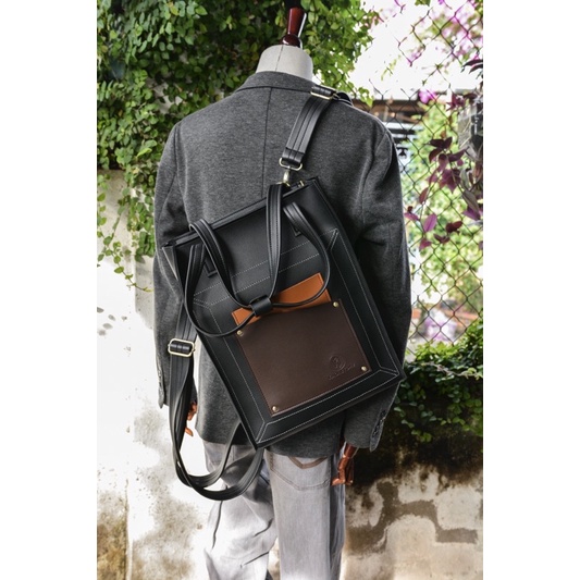 Tote/balo da đa năng thiết kế may thủ công Khôi store size lap 16inch phối màu đen sôn nâu