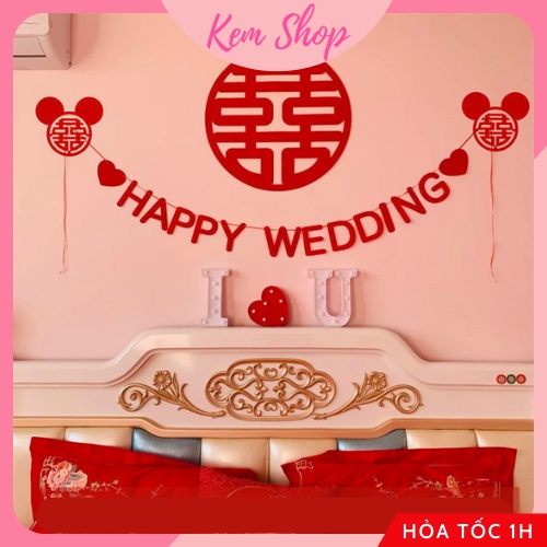 Dây chữ HAPPY WEDDING vải nỉ dạ màu đỏ trang trí đám cưới, phòng cưới - Kem Shop K260