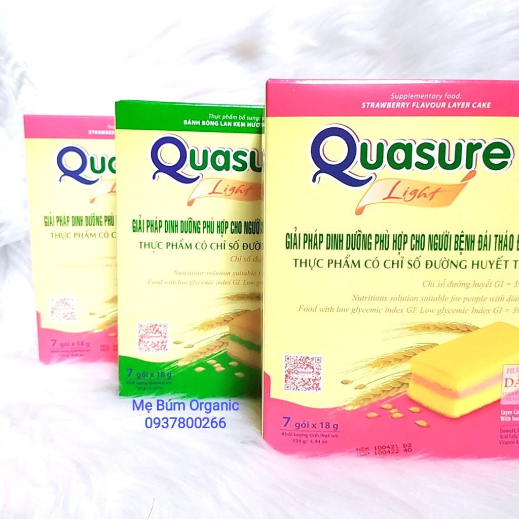 Combo 3 Hộp- Bánh Dành Cho Người Tiểu Đường, Ăn Kiêng Bông Lan Quasure Light Hương Cốm + Dâu
