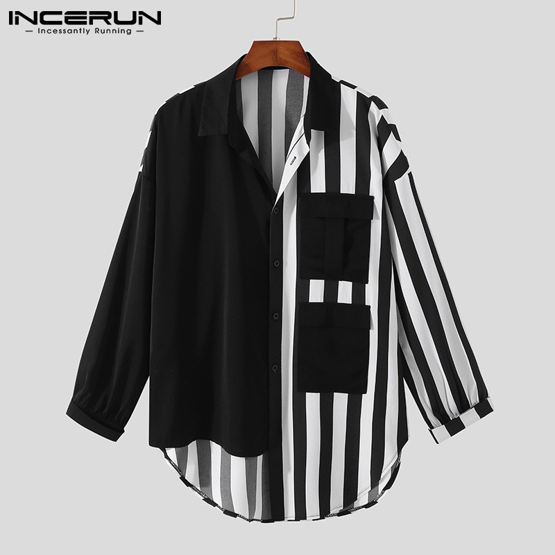 Áo Sơ Mi INCERUN Tay Dài Họa Tiết Kẻ Sọc Phối Màu Trắng Đen Thời Trang Cho Nam