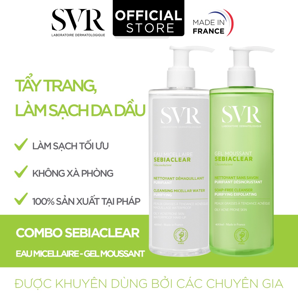 Combo Tẩy trang Sebiaclear Eau Micellaire & Rửa mặt SVR Sebiaclear Moussant 400ml cho da dầu mụn