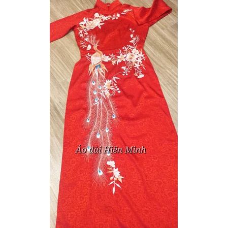 Áo dài cưới cặp đôi màu đỏ họa tiết thêu tay chất liệu vải gấm