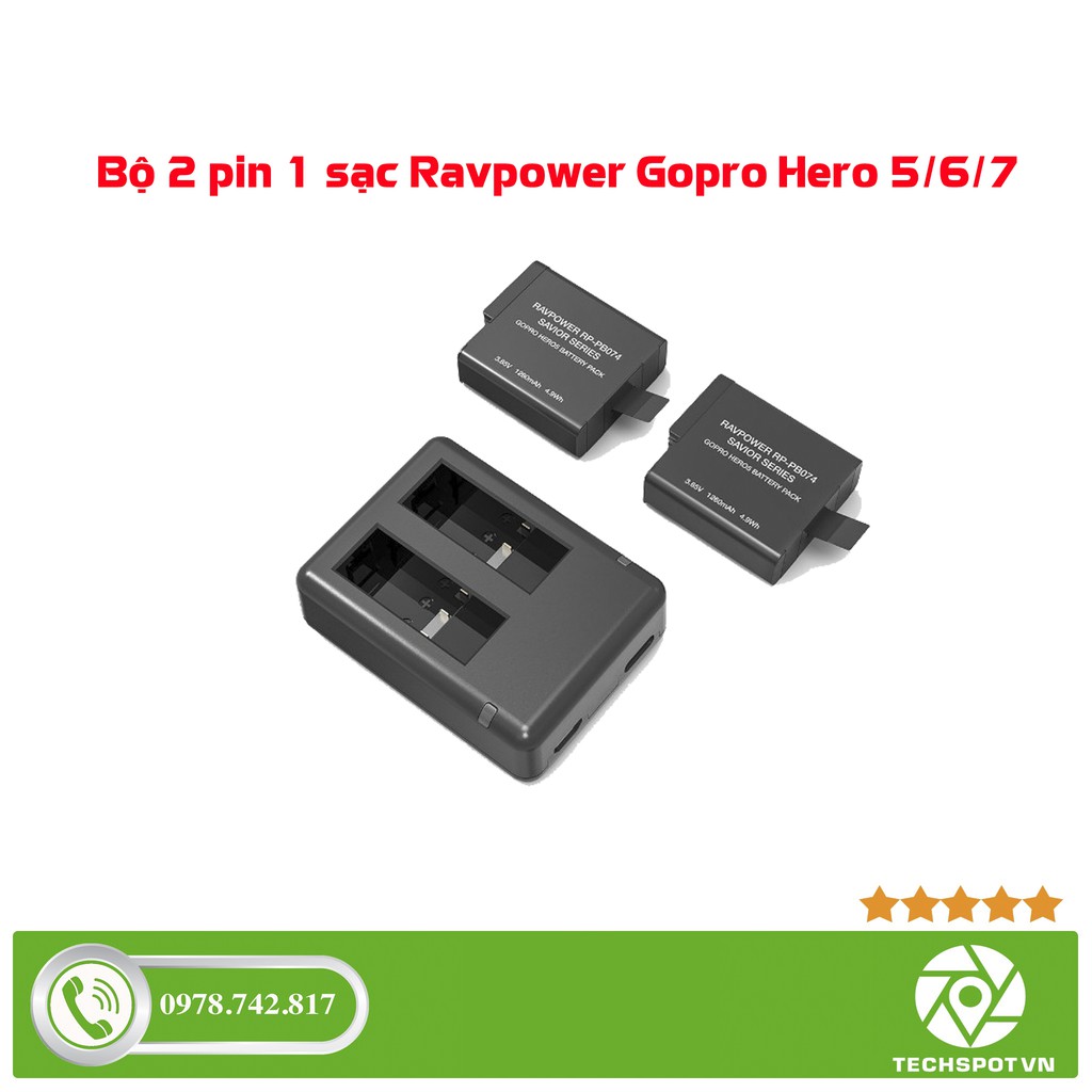 Bộ 2 Pin 1 Sạc cho Gopro 5/6/7 (black) Ravpower RP-PB074-Chính hãng