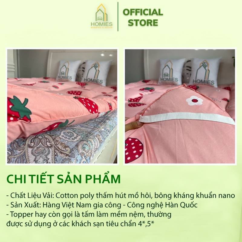 Nệm Topper Dâu Tây Hồng HOMIES Tấm làm mềm đệm cotton Đũi Hàn quốc mới nhất 2020 - Có Chun 4 Góc Cố Định Đệm