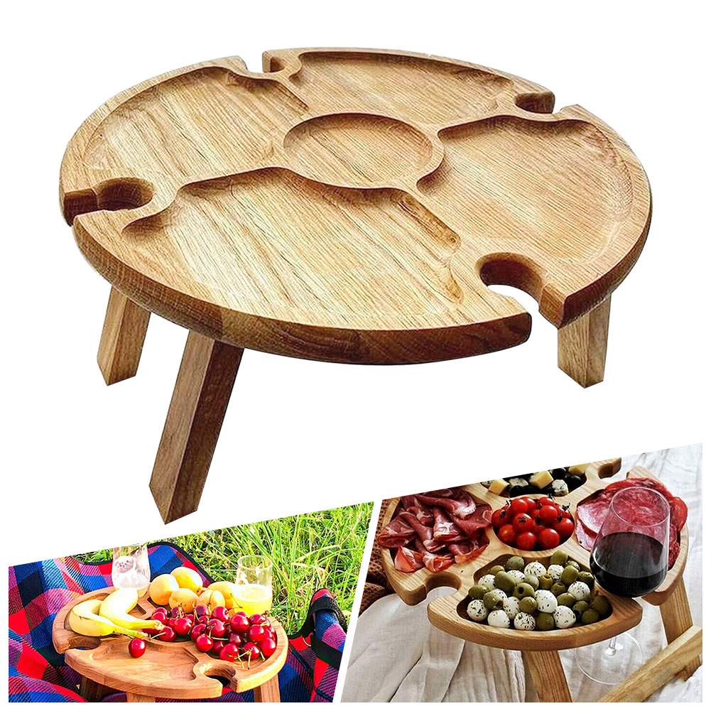 Wooden Outdoor Folding Picnic Table with Wine Glass Rack Compartmental Dish for Outdoor Camping Travel Collapsible Garden Table