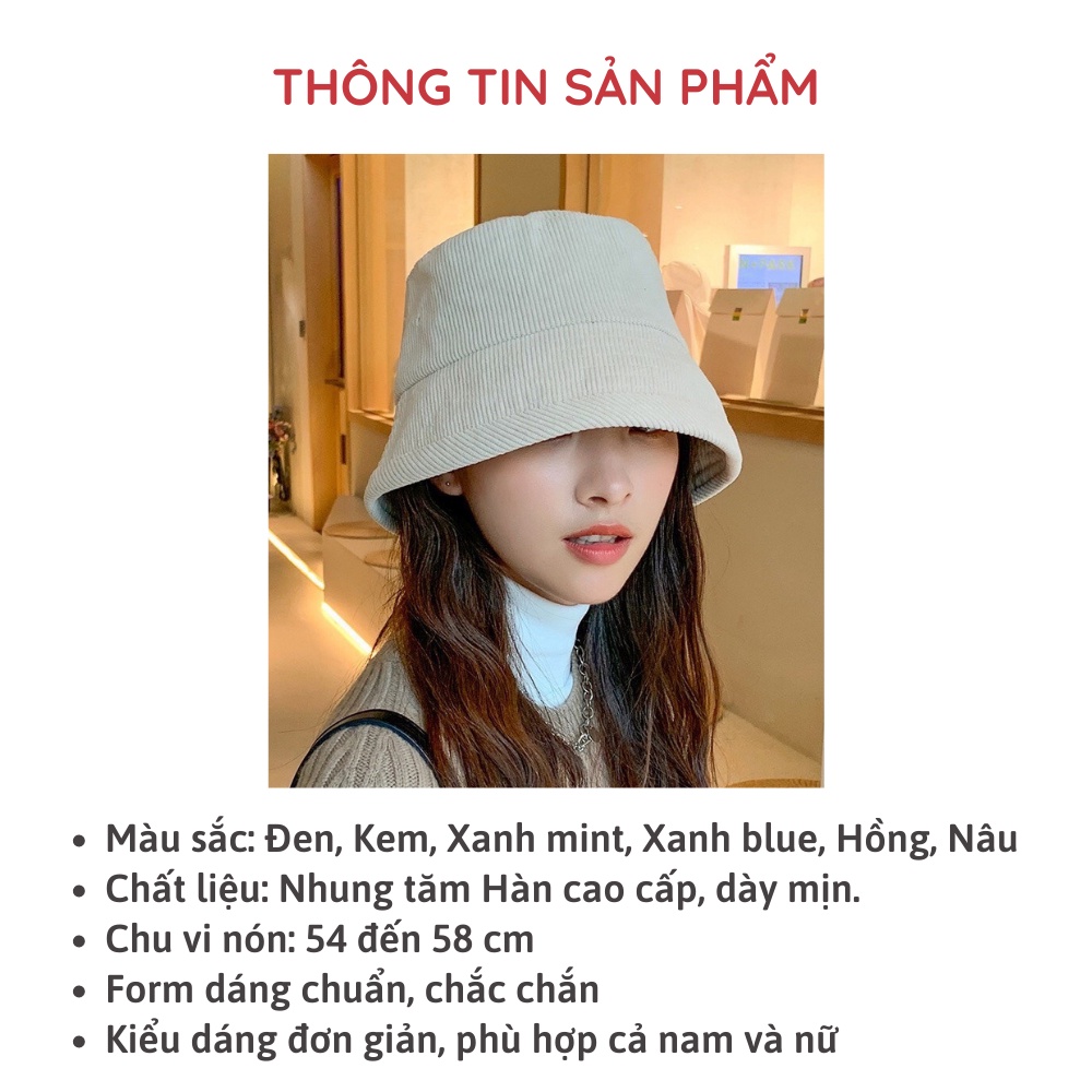Mũ bucket vành cụp unisex nón tai bèo trơn nỉ nhung gân tăm nhiều màu nam nữ Sollle