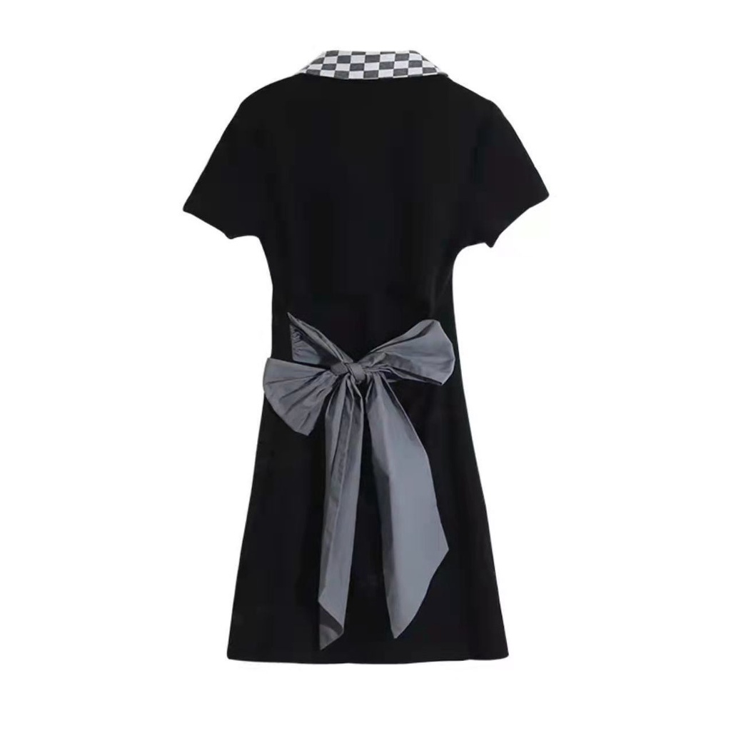 AMOI Đầm Tay Ngắn Cổ Polo Thắt Nơ Lưng Họa Tiết Sọc Caro