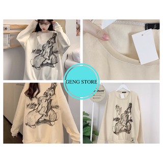 Áo Sweater Nỉ Hình Đôi Thỏ Cao Cấp, Áo Thun Nữ Dài Tay Dáng Rộng In Hình Cute 2 Màu