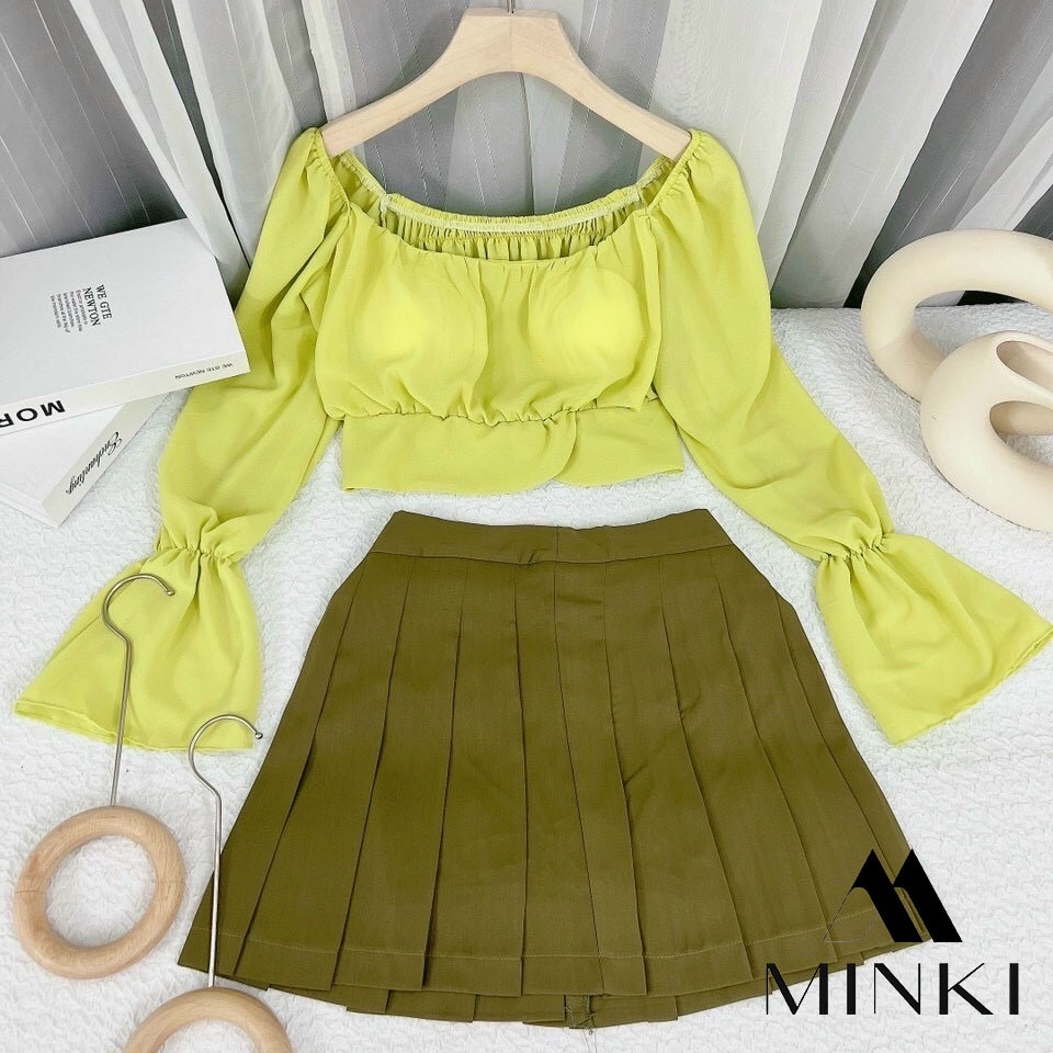 SET ÁO VOAN NHÚN NGỰC VÀ CHÂN VÁY XẾP LY - CHẤT LIỆU CAO CẤP - MÀU XANH BƠ TIỂU THƯ
