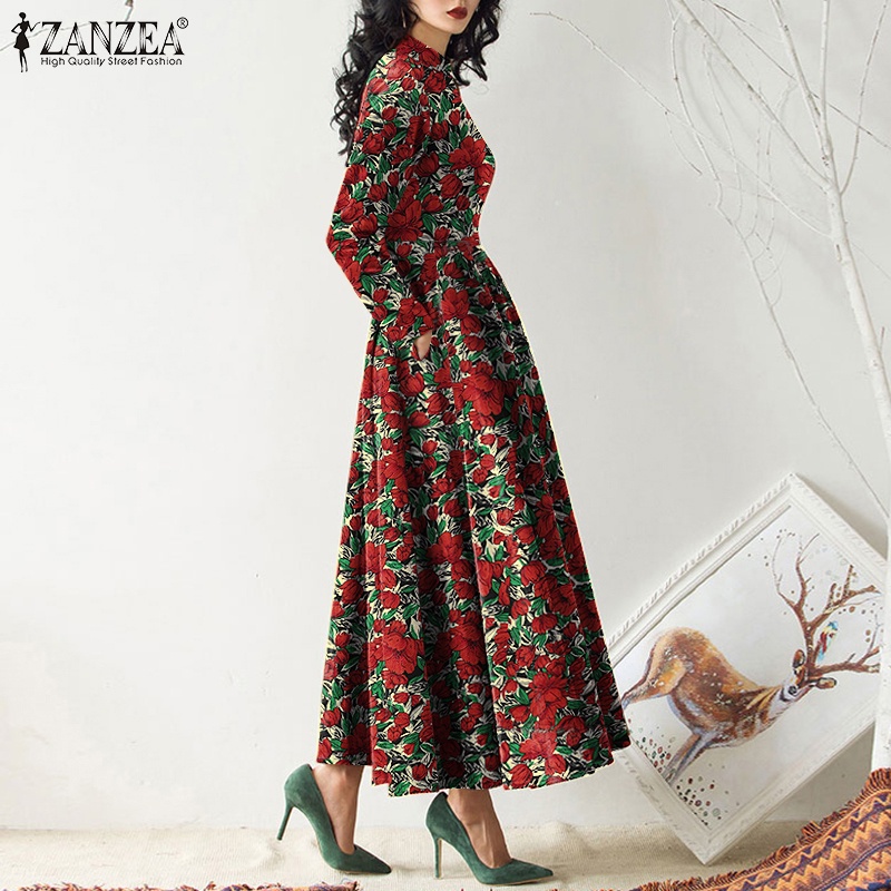 Đầm ZANZEA maxi dáng xòe dài phối khóa kéo lưng tay dài in hoạ tiết vintage cho nữ