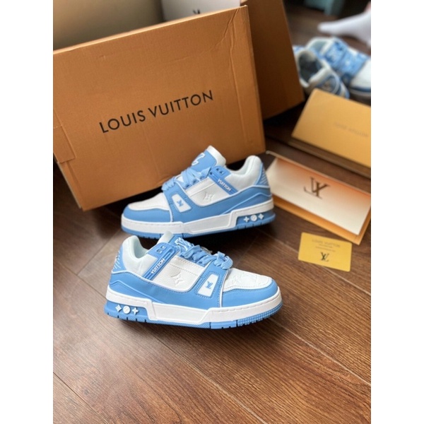 GIÀY LV TRAINER BLUE WHITE TRẮNG XANH DA THẬT LAI AU