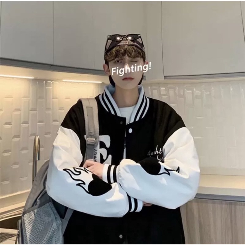 Áo Khoác Bomber Phối Da Siêu Chất In Hình Tim Lửa Siêu Ngầu Dáng Unisex