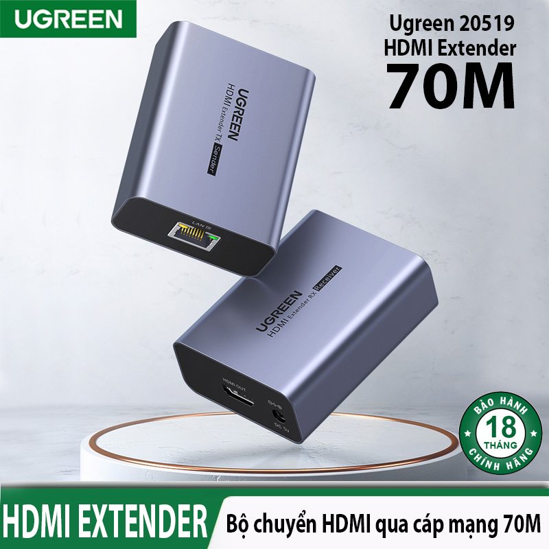 Bộ kéo dài HDMI qua dây mạng Cat5/Cat6 70Met Ugreen 20519 CM445 ( Bộ 2 cái+Adapter ) Chính Hãng