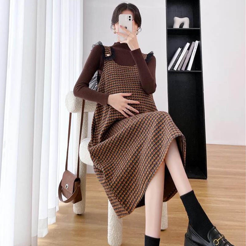 ⭐Đầm Bầu Thời Trang Mùa Thu Xinh Xắn ⭐ Phiên Bản Hàn Quốc Plus Size Mặc Hai Mảnh Cho Bà Bầu⭐ Set Áo Thun Ngắn Tay + Chân Váy Yếm Thời Trang Dành Cho Nữ