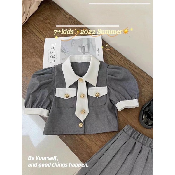 QCCC - Set vest áo váy kèm cavat màu ghi phong cách tiểu thư hàn quốc sành điệu cho bé gái đi tiệc