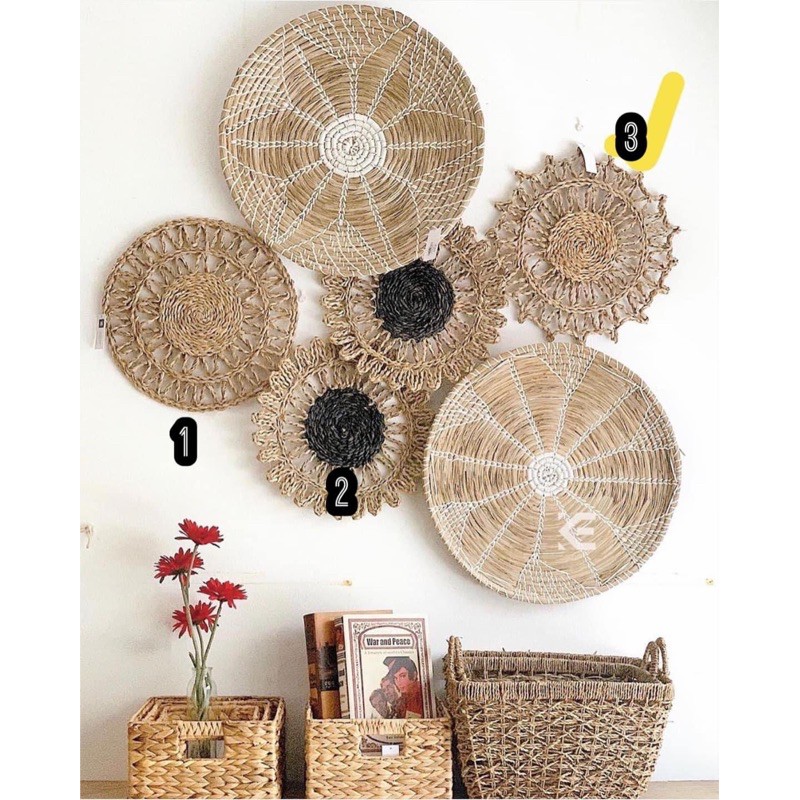 Bán sỉ set cói treo tường set đĩa cói decor tường thảm cói treo tường thảm cói vintage thảm lục bình treo tường