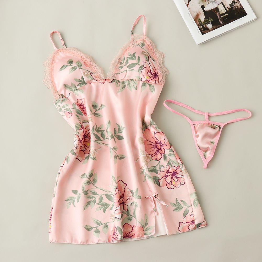 YVE Đồ ngủ Vải Lụa Satin Phối Ren Hoa Có Mút Đệm Ngực Thời Trang Mùa Hè Xinh