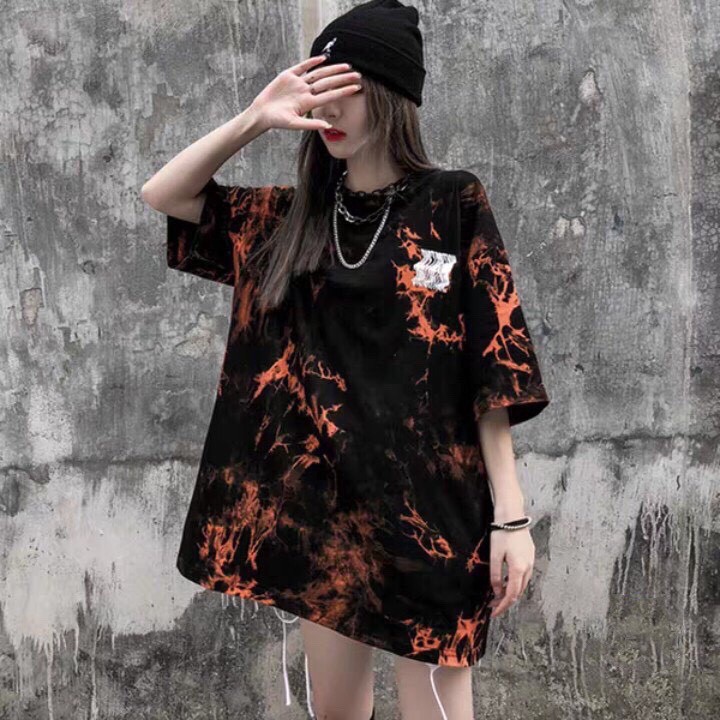 ÁO THUN TAY LỠ HỌA TIẾT LOANG CAM ĐEN dáng thụng ulzzang