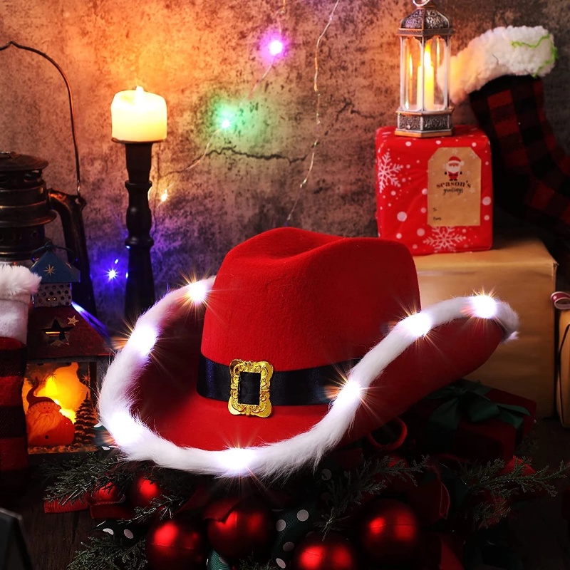 Mũ Cao Bồi Nhung Đỏ Có Đèn LED Phát Sáng Hóa Trang Ông Già Noel / Jazz / Giáng Sinh