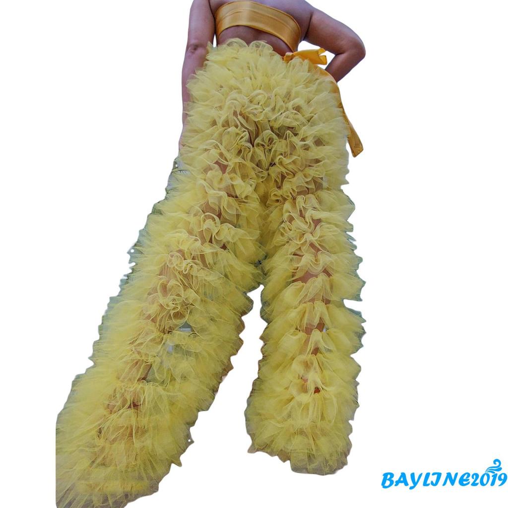 Bay-Women´s Tulle Pants, Solid Color Patchwork Multi-Layer Ruffle Yarn High Waist Female Trousers
