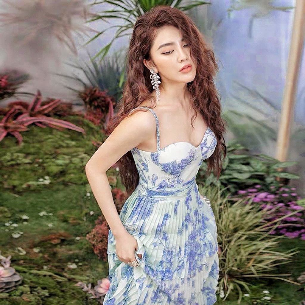 Đầm maxi đi biển hoa xanh 2s dập ly-Maxi ngọc lan