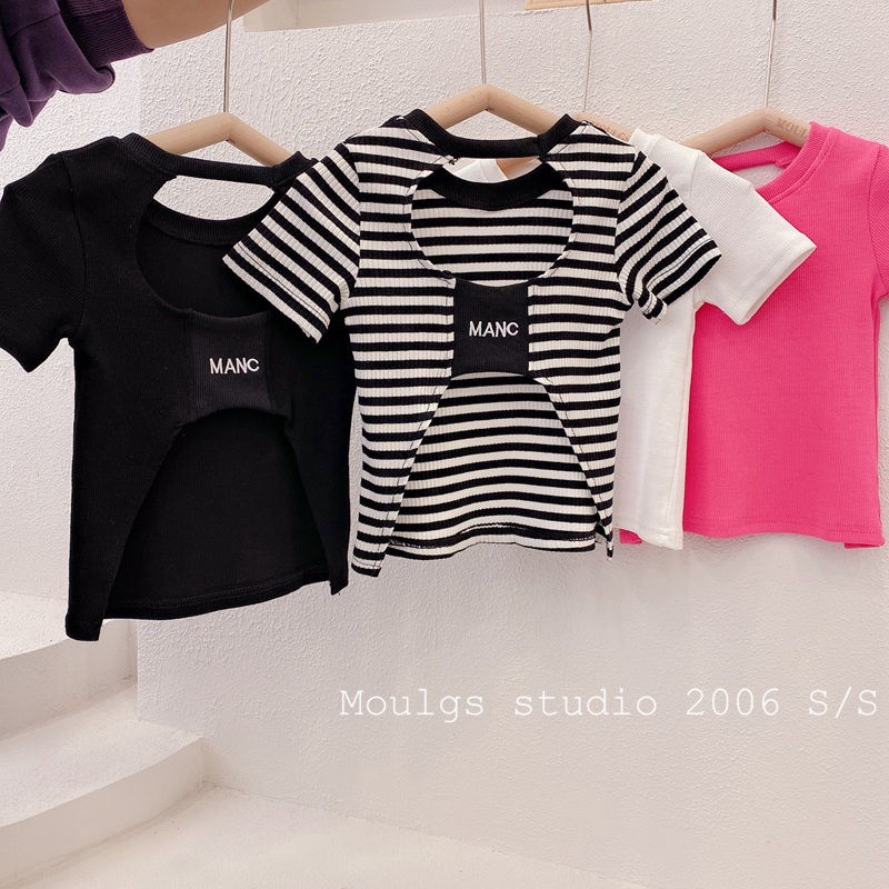 Áo Thun Cotton Tay Ngắn Hở Lưng Họa Tiết Kẻ Sọc Phong Cách Hàn Quốc Cho Bé Gái