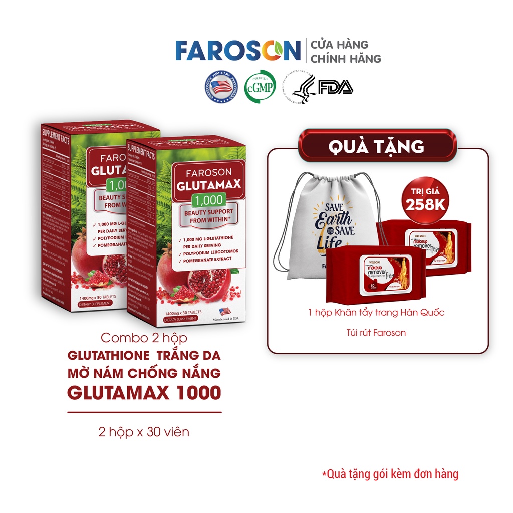 Combo 2 Hộp Glutathione trắng da mờ nám chống nắng Glutamax 1000 2x30 viên