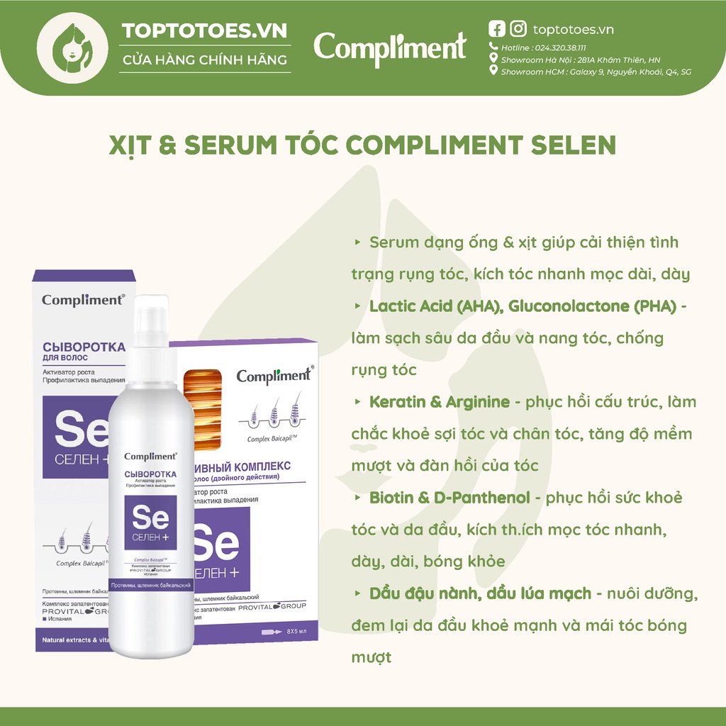 Xịt & Serum tóc Compliment Selen, Keratin, ZinC phục hồi, giảm rụng, kích mọc tóc, giảm gàu ngứa