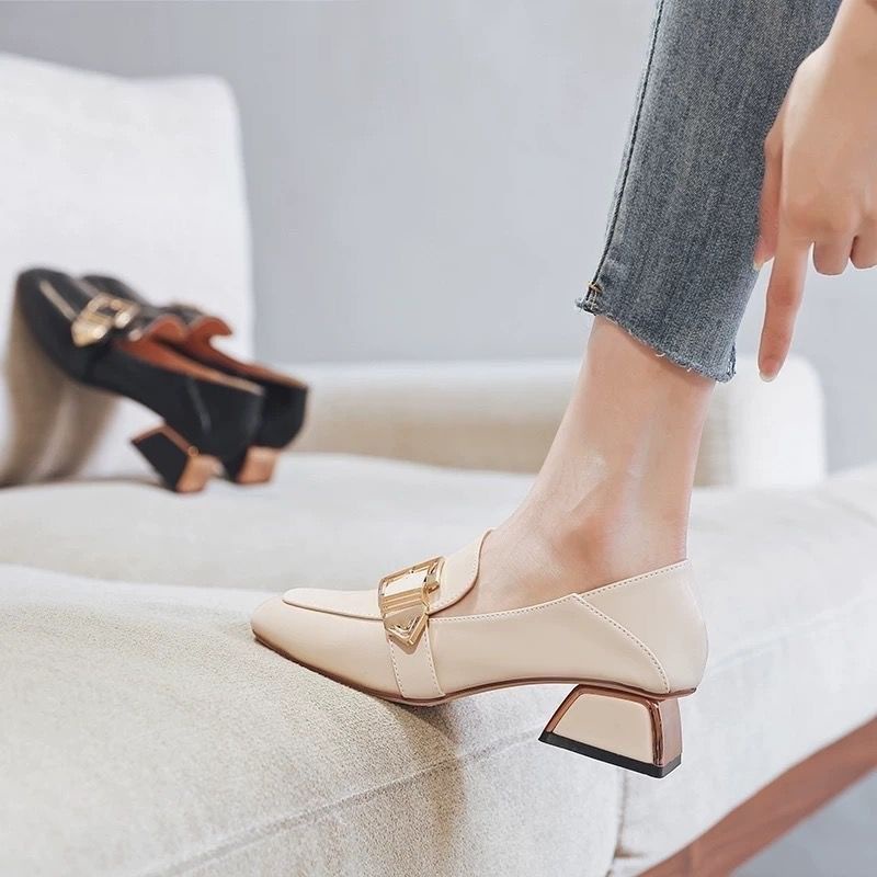 Giày da đế dày mềm nhỏ mũi vuông linh hoạt phiên bản Hàn Quốc 4 mùa 2021 cho nữ