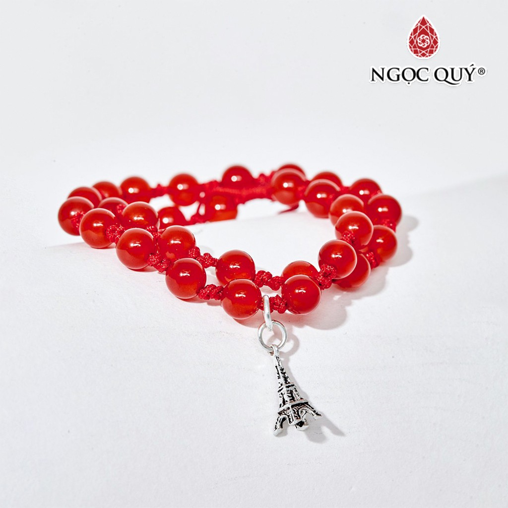 Vòng tay 2 line đá mã não đỏ dây rút phối charm tháp eiffel bạc