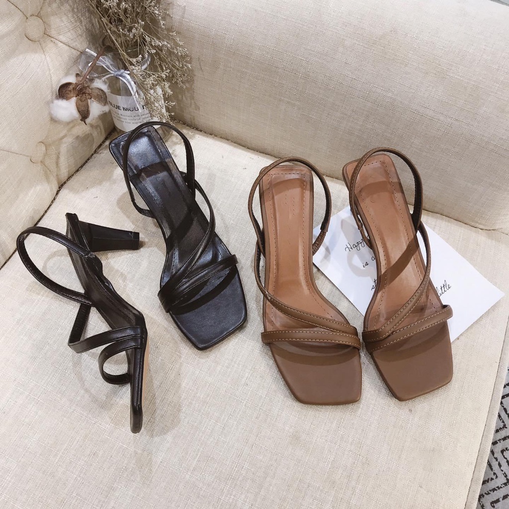 Sandal cao gót mũi vuông phối dây Hàn Quốc cao 6cm Nâu đất - Giày Bánh Bèo mã Sandal12