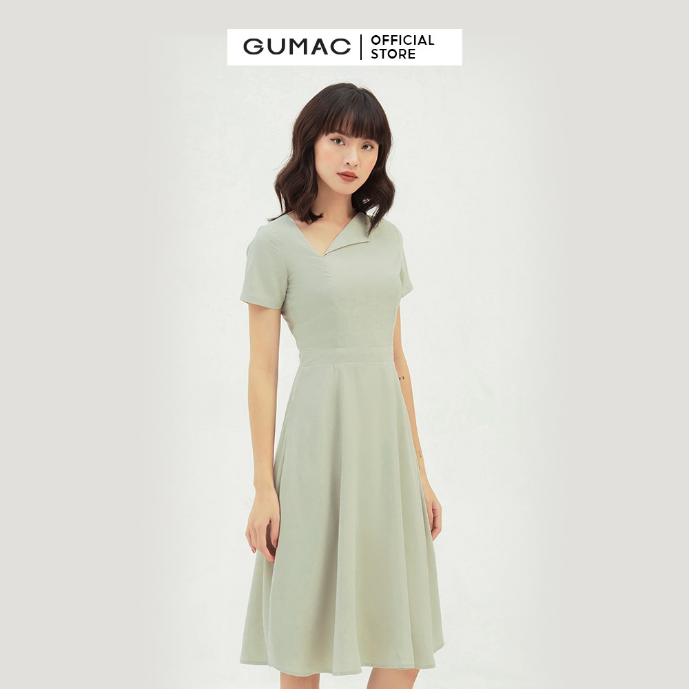 Đầm xòe nữ cổ lật bản eo GUMAC màu xanh trơn, đủ size, trẻ trung, thanh lịch DB365 | BigBuy360 - bigbuy360.vn