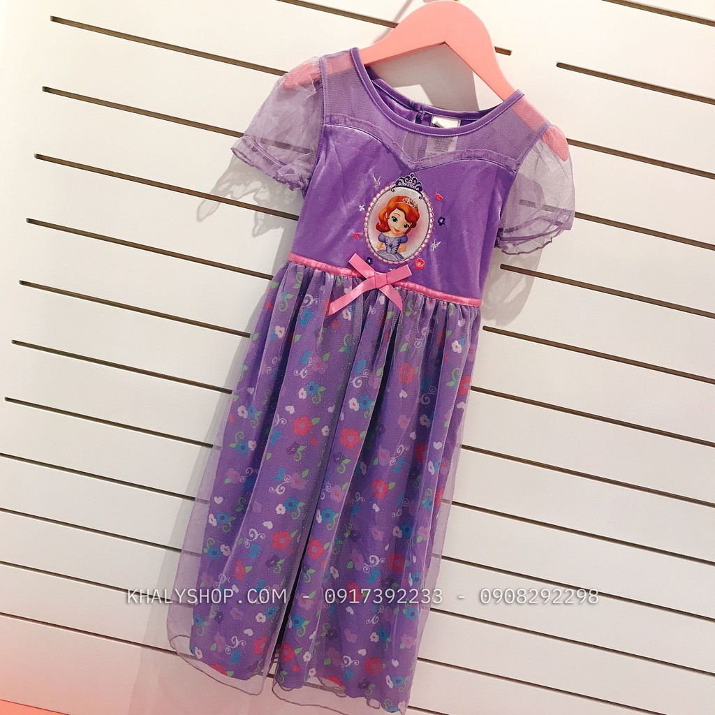 Đầm thun phối lưới trẻ em hình công chúa Princess, công chúa Sofia, Mèo Kitty size S cho bé gái 5 tuổi (Disney)