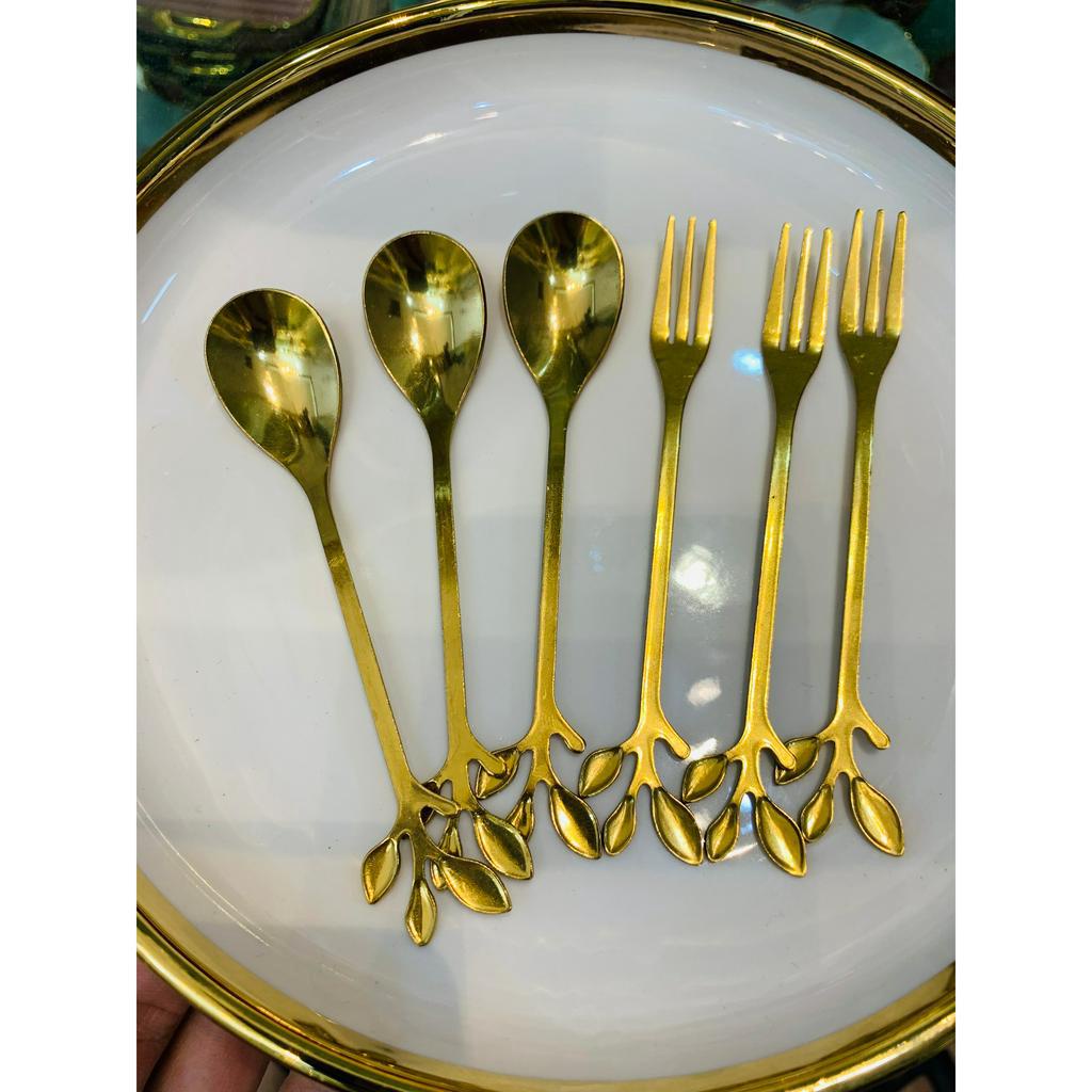 Thìa nĩa dĩa ăn decor hình lá. Thìa - Dĩa Mini Cao Cấp Vàng.