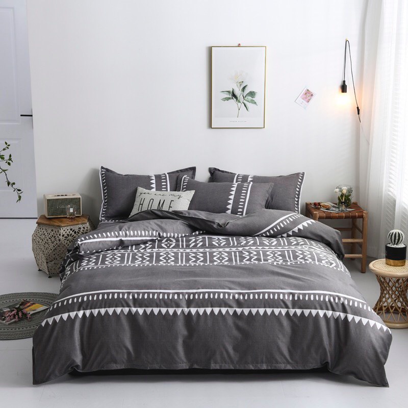 Decor phòng ngủ nhỏ tối giản bộ Chăn ga gối Cotton tone xám kẻ vuông Minimalist Style Chato Bedding